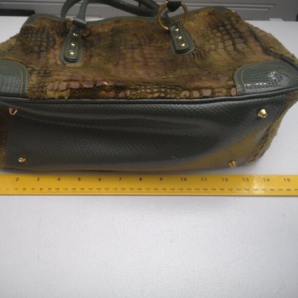 Joan Rivers Classics Green & Tan Faux Leather Faux Fur Croc Pattern Handbag - Picture 9 of 10
